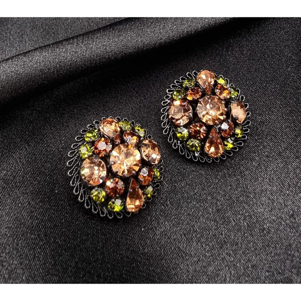 Rare Find Vintage Made in Austria Signed Clip-On Earrings With Amber & Olive